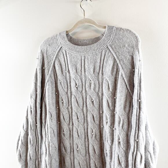 Aerie unReal Crewneck Long Sleeve Cable Pearl Detail Sweater Gray Large - Picture 9 of 10